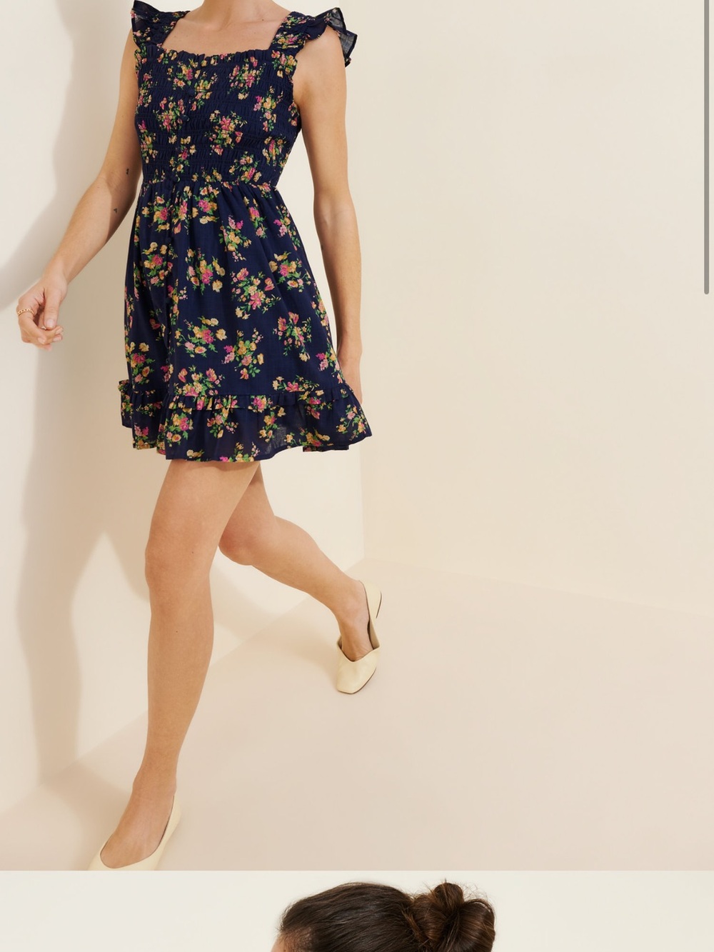Anthropologie Navy Floral Smocked Ruffle Mini Dress